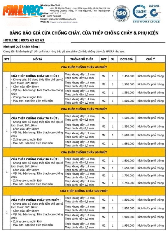 Cửa thép chống cháy tại Lạng Sơn - Bảng báo giá cửa thép chống cháy của Nhà Máy FIREMEC
