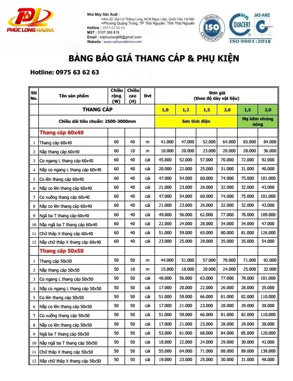 Báo giá thang cáp và phụ kiện thang cáp
