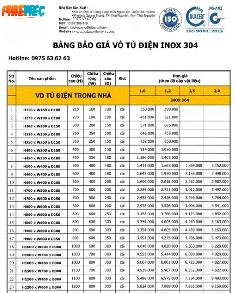Bảng báo giá vỏ tủ điện ngoài trời 300x200x150