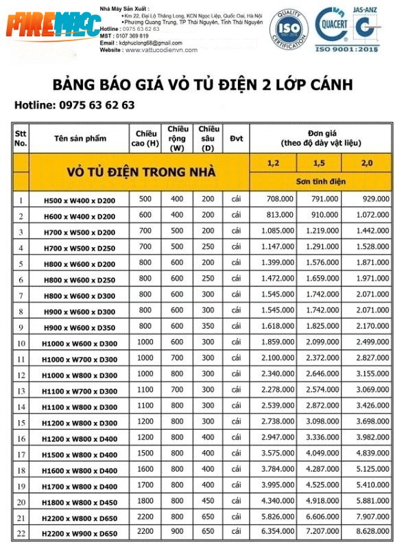 Báo giá và kích thước tủ điện ngoài trời